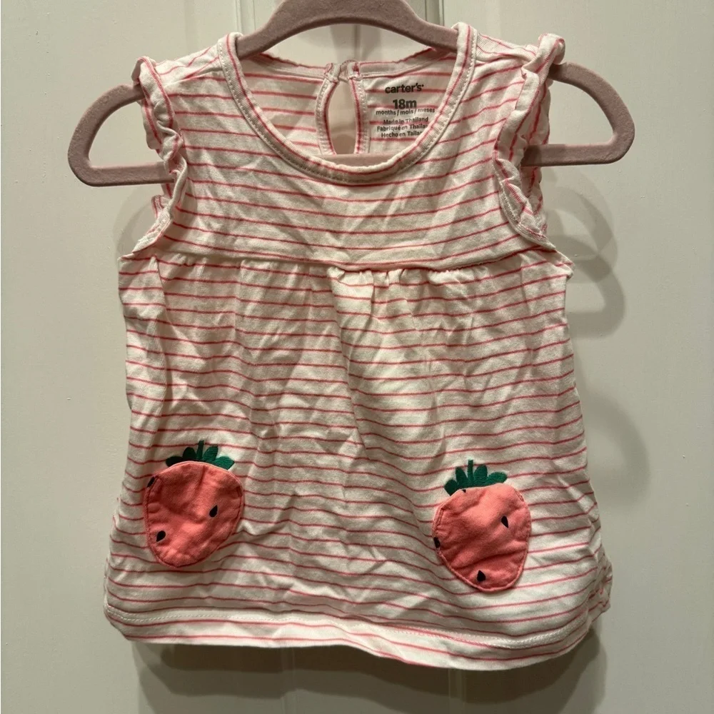 Carter’s 18M Pink & White Striped Girls Strawberry Short Sleeve Top Blouse